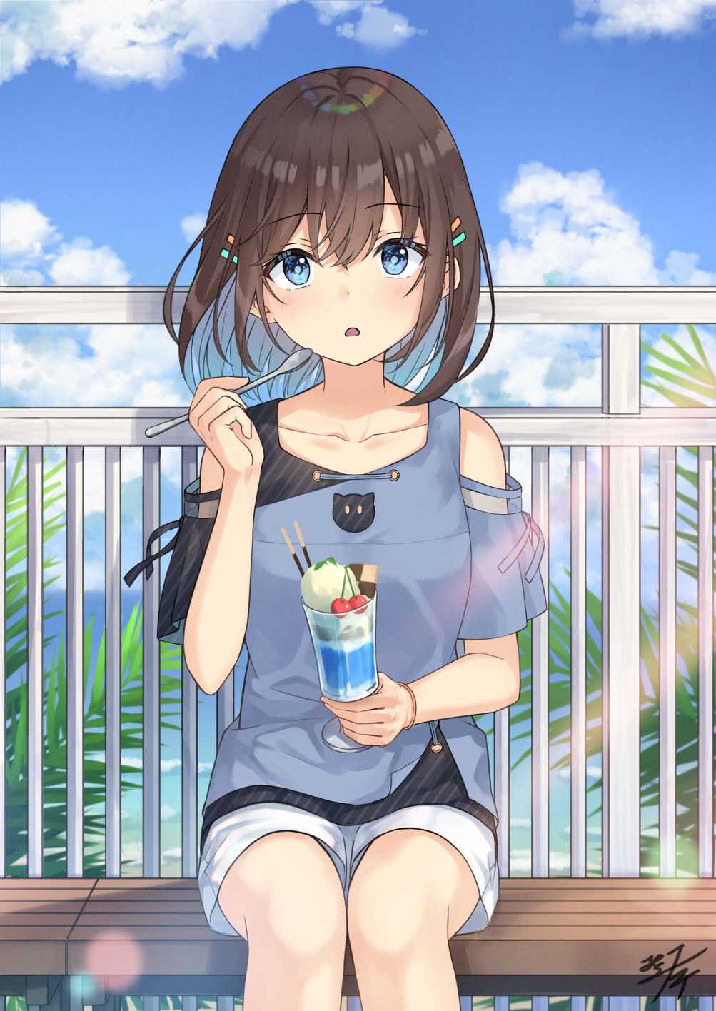 1girl black_shirt blue_eyes blue_hair blue_shirt blue_sky brown_hair checkerboard_cookie cherry clouds commentary_request cookie cup day feet_out_of_frame food fruit hair_between_eyes hair_ornament hairclip hand_up highres holding holding_cup holding_spoon horizon looking_at_viewer miko_fly multicolored_hair ocean on_bench original outdoors parted_lips pocky railing shirt short_sleeves shorts signature sitting sky solo spoon two-tone_hair water white_shorts