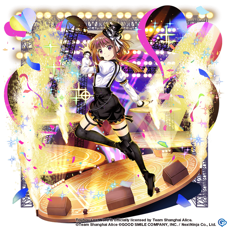 1girl alternate_costume black_footwear black_headwear black_skirt black_thighhighs brown_eyes brown_hair closed_mouth commentary confetti copyright_name english_commentary full_body game_cg heart juliet_sleeves long_hair long_sleeves looking_at_viewer nishida_satono nishida_satono_(the_all-too-dark_backup_dancers) puffy_sleeves rotte_(1109) shirt short_hair_with_long_locks skirt smile solo stage stage_lights thigh-highs thigh_strap third-party_source touhou touhou_lost_word white_shirt