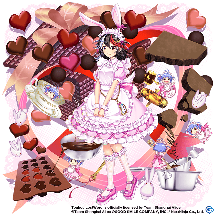 1girl alternate_costume animal_ears black_hair blue_hair chocolate chocolate_making commentary copyright_name dress english_commentary food full_body game_cg heart kijin_seija kijin_seija_(rebellious_maid) looking_at_viewer maid maid_headdress mallet mini_person minigirl multicolored_hair open_mouth pink_dress rabbit_ears red_eyes redhead rotte_(1109) short_hair short_sleeves solid_oval_eyes solo streaked_hair sukuna_shinmyoumaru sukuna_shinmyoumaru_(the_mansion's_smallest_maid) third-party_source touhou touhou_lost_word white_hair
