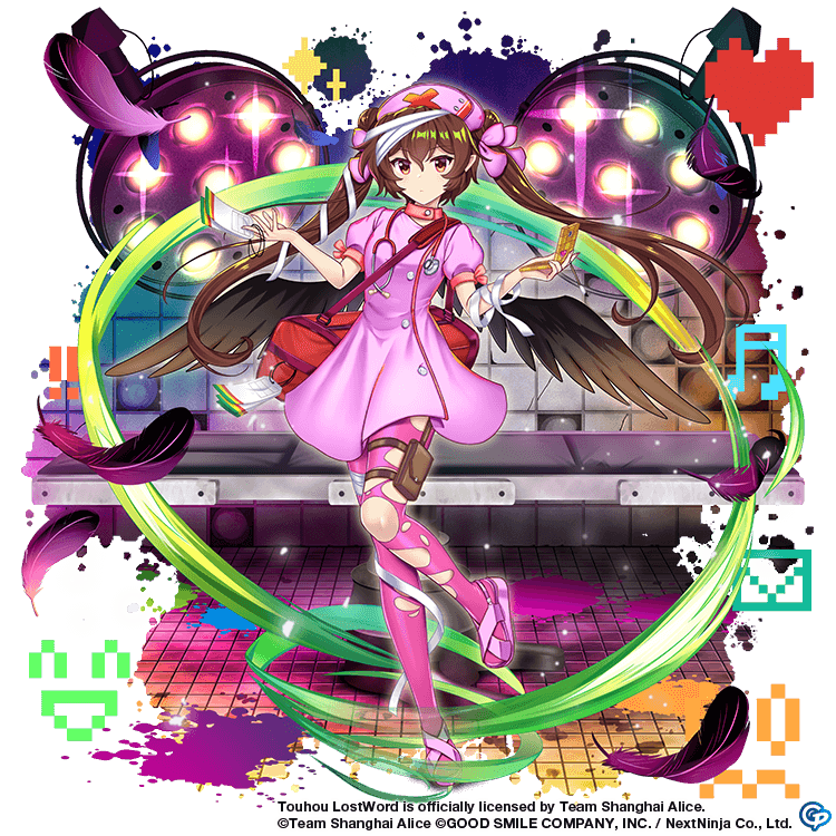 1girl alternate_costume bag bird_wings black_feathers black_wings brown_eyes brown_hair closed_mouth commentary copyright_name dress english_commentary envelope feathers full_body game_cg hat heart himekaidou_hatate himekaidou_hatate_(death_sign_nurse) holding holding_phone long_hair looking_at_viewer musical_note nurse nurse_cap pantyhose phone pink_dress pink_footwear pink_headwear pink_pantyhose pixel_art rotte_(1109) short_sleeves shoulder_bag solo third-party_source torn_clothes torn_pantyhose touhou touhou_lost_word twintails wings