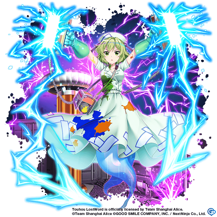 1girl alternate_costume bag commentary copyright_name dress english_commentary full_body game_cg ghost_tail gloves green_dress green_eyes green_gloves hat light_green_hair lightning looking_at_viewer nurse nurse_cap ofuda ofuda_on_clothes rotte_(1109) short_hair shoulder_bag soga_no_tojiko soga_no_tojiko_(electric_nurse) solo stained_clothes third-party_source touhou touhou_lost_word triangle_mouth v-shaped_eyebrows