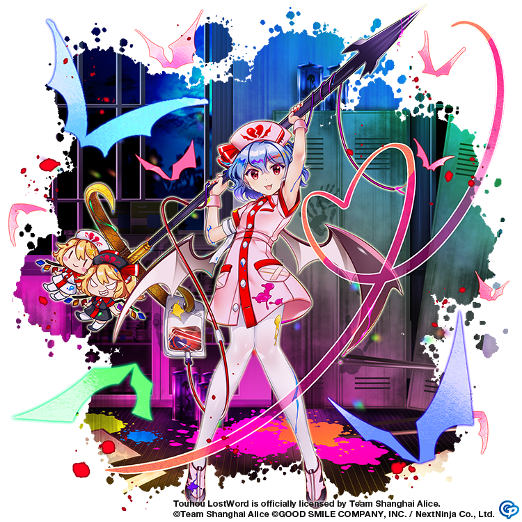 1girl :d alternate_costume bat_(animal) bat_wings blood blood_bag blue_hair commentary copyright_name dress english_commentary flandre_scarlet full_body game_cg handprint hat holding holding_weapon indoors looking_at_viewer nurse nurse_cap open_mouth pantyhose pink_dress pink_footwear pink_headwear pocket red_eyes remilia_scarlet remilia_scarlet_(bloody_nurse) rotte_(1109) short_hair short_sleeves smile solo spear_the_gungnir stain third-party_source torn_clothes torn_pantyhose touhou touhou_lost_word weapon white_pantyhose window wings wrist_cuffs
