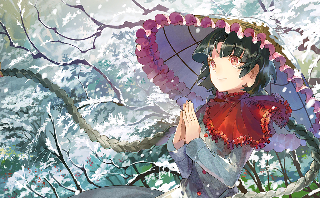 1girl ajirogasa bare_tree black_hair blunt_bangs bow bowtie braid buttons capelet closed_mouth clouds cloudy_sky collared_capelet dress frilled_capelet frilled_hat frills game_cg grey_dress hat hime_cut long_earlobes long_hair long_sleeves looking_ahead low_twin_braids noki_(affabile) official_art outdoors own_hands_together red_bow red_bowtie red_capelet red_eyes short_dress sky smile snow_on_headwear snowing third-party_source touhou touhou_cannonball tree twin_braids upper_body winter yatadera_narumi