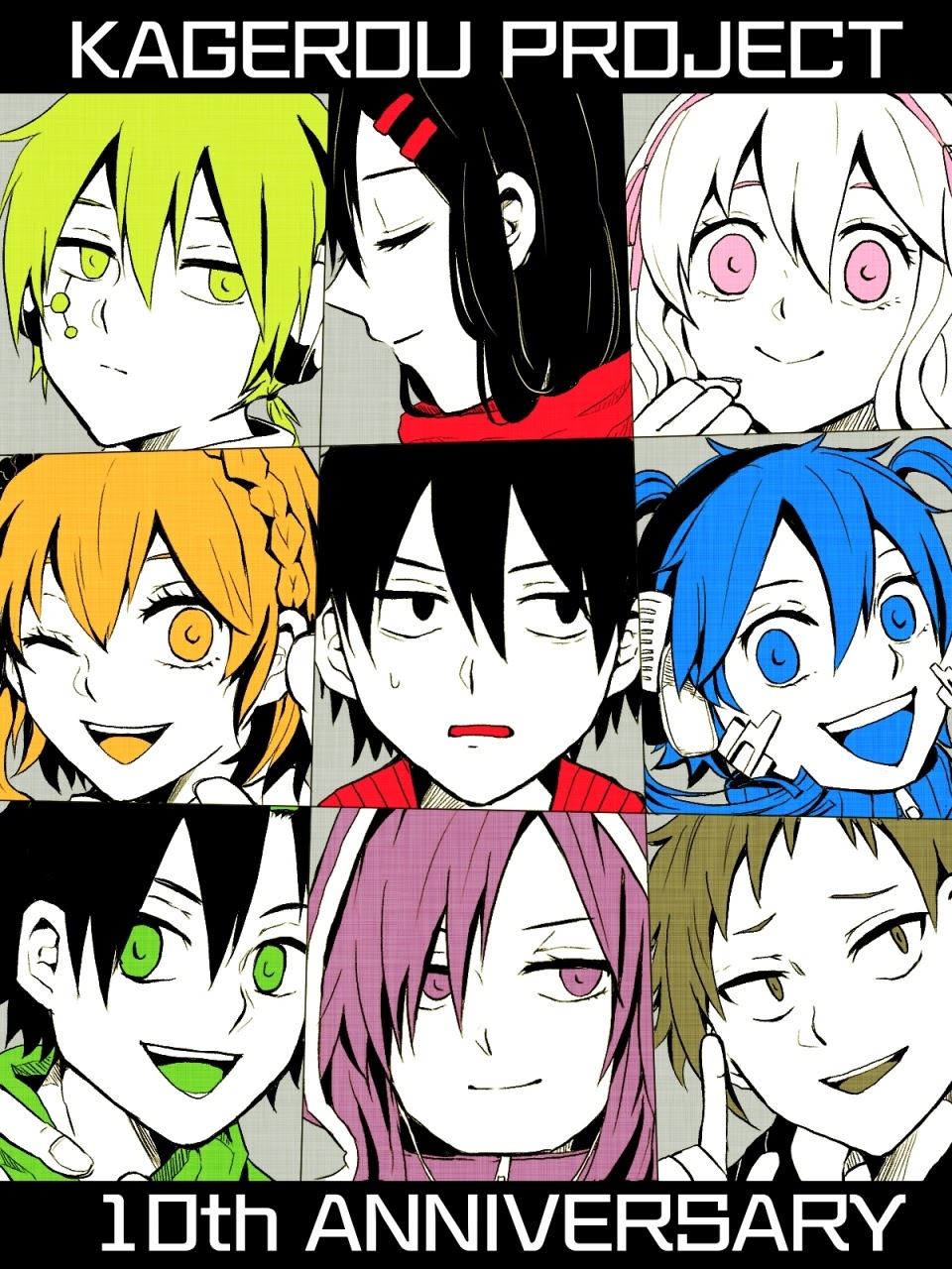 4boys 5girls alternate_eye_color alternate_hair_color anniversary black_eyes black_hair blonde_hair blue_eyes blue_hair blue_jacket blue_tongue braid brown_eyes brown_hair buckle clenched_teeth close-up closed_eyes closed_mouth collage collared_jacket color_coordination colored_tongue commentary_request copyright_name double-parted_bangs ene_(kagerou_project) enpera eyelashes facial_mark flat_color from_side green_eyes green_jumpsuit green_tongue grey_background hair_between_eyes hair_ornament hair_over_one_eye hairband hairclip headphones highres hood hood_down hood_up hooded_jumpsuit hoodie jacket jumpsuit kagerou_project kano_shuuya kido_tsubomi kisaragi_momo kisaragi_shintarou konoha_(kagerou_project) kozakura_marry looking_at_viewer looking_to_the_side momiji-chan_(mawi) multiple_boys multiple_girls one_eye_closed open_mouth orange_eyes orange_hair orange_tongue partial_commentary pink_eyes pink_hairband pink_ribbon pointing pointing_up portrait print_hoodie purple_hair purple_hoodie red_jacket red_scarf ribbon scarf seto_kousuke short_bangs short_hair short_ponytail side_braid simple_background single_braid slit_pupils smile sweat tateyama_ayano teeth track_jacket triangle_mouth twintails upper_teeth_only violet_eyes wavy_hair wavy_mouth white_trim yellow_eyes zipper_pull_tab