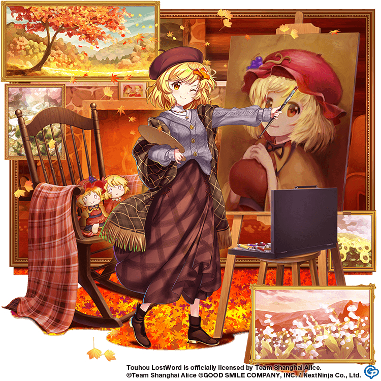 1girl aki_minoriko aki_shizuha aki_shizuha_(melancholy_autumn-leaf_artist_in_winter) alternate_costume autumn_leaves beret brown_headwear brown_skirt chair commentary copyright_name english_commentary full_body game_cg grey_vest hat holding holding_paintbrush indoors jewelry long_skirt looking_at_viewer paintbrush painting_(object) pendant plaid plaid_skirt rotte_(1109) skirt solo standing sweater_vest third-party_source touhou touhou_lost_word vest