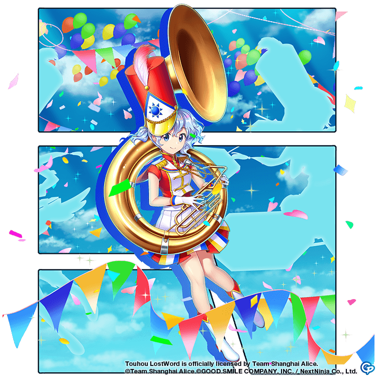 1girl alternate_costume boots closed_mouth commentary confetti copyright_name english_commentary full_body game_cg grey_eyes grey_hair hat hat_feather high_heel_boots high_heels holding holding_instrument horikawa_raiko instrument looking_at_viewer lyrica_prismriver marching_band merlin_prismriver merlin_prismriver_(prism_march_sousaphone) multicolored_clothes peaked_cap red_headwear rotte_(1109) short_hair silhouette skirt smile solo sousaphone third-party_source touhou touhou_lost_word white_footwear white_skirt