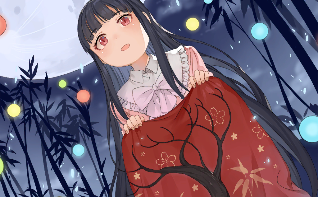 1girl bamboo bamboo_forest black_hair blunt_bangs blush bow bowtie clouds collar collared_shirt confetti dutch_angle eyelashes floral_print forest frilled_collar frills full_moon game_cg haijin hime_cut houraisan_kaguya leaf_print long_hair long_skirt moon nature night night_sky official_art open_mouth outdoors pink_eyes pink_shirt red_skirt shirt sitting skirt sky smile third-party_source touhou touhou_cannonball tree tree_print very_long_hair white_bow white_bowtie white_collar