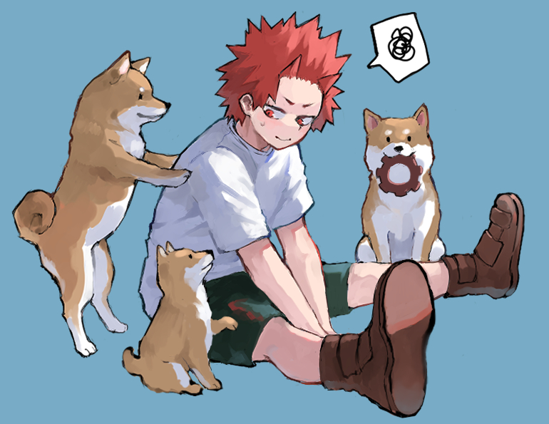 1boy animal blue_background boku_no_hero_academia boots brown_footwear closed_mouth commentary dog full_body kirishima_eijirou male_focus mouth_hold red_eyes redhead shiba_inu shirt short_hair short_sleeves shorts simple_background sitting smile spiky_hair spoken_squiggle squiggle symbol-only_commentary white_shirt zonozonotk