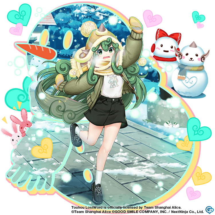 1girl alternate_costume black_footwear black_skirt bunny carrot character_snowman commentary copyright_name curly_hair earmuffs english_commentary full_body game_cg green_hair hakurei_reimu heart horns komano_aunn komano_aunn_(busy_at_new_year's) long_hair looking_at_viewer outdoors rotte_(1109) scarf single_horn skirt snow_rabbit snowing snowman socks solo standing standing_on_one_leg third-party_source touhou touhou_lost_word white_socks winter_clothes