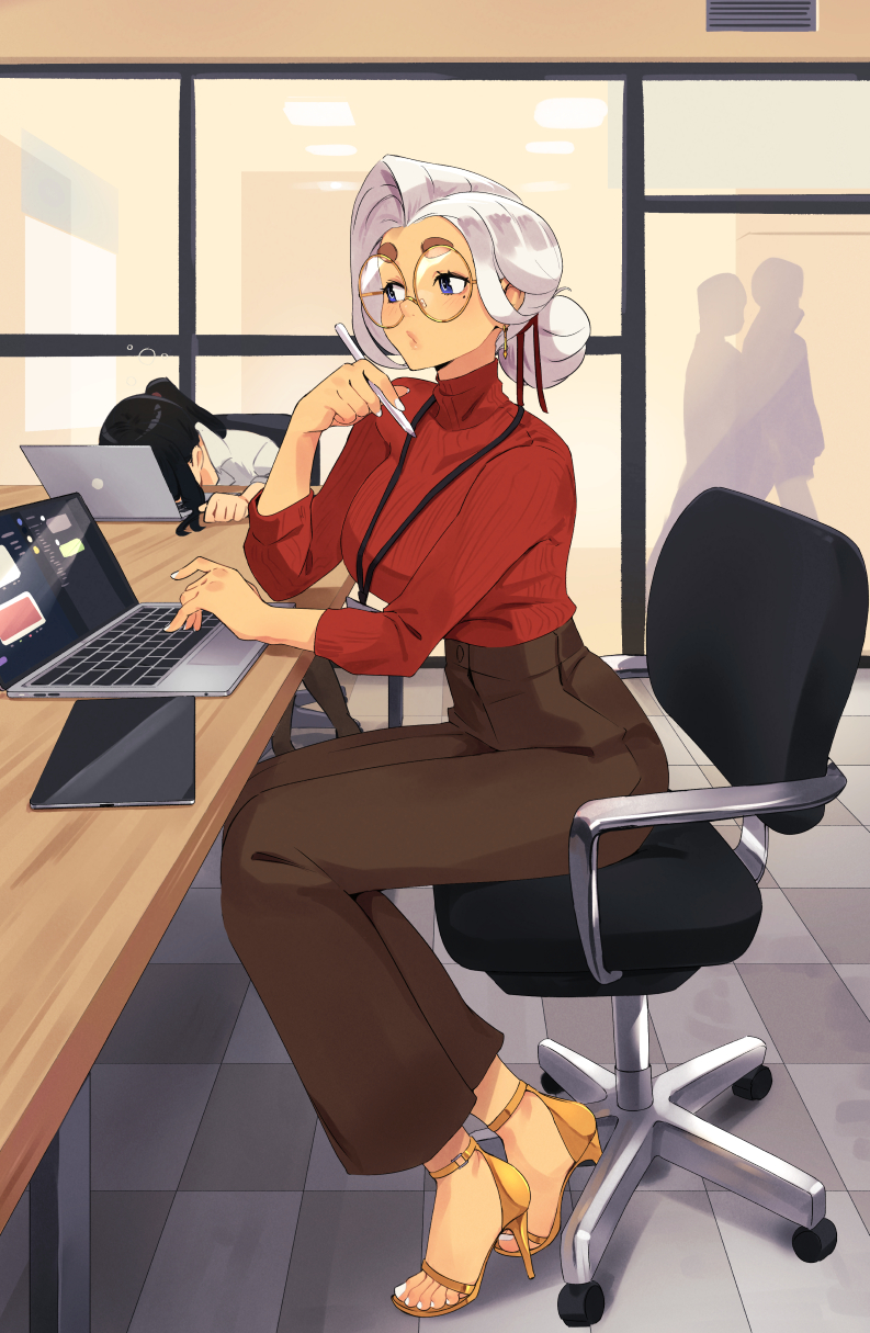 2girls blue_eyes breasts brown_pants computer glasses hair_bun high_heels highres june_(squeezable) lanyard laptop large_breasts mole mole_under_eye multiple_girls office_lady original pants red_sweater ribbed_sweater round_eyewear sandals sitting squeezable_(artist) sweater swivel_chair turtleneck turtleneck_sweater white_nails yellow-framed_eyewear