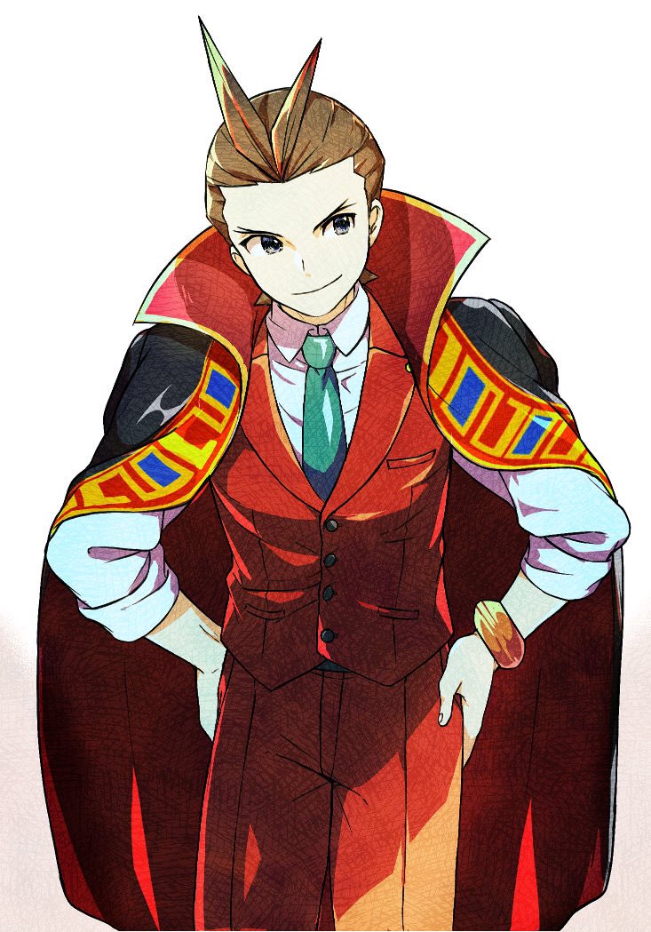 1boy ace_attorney antenna_hair apollo_justice aqua_necktie asayosi_k black_coat black_eyes bracelet brown_hair closed_mouth coat coat_on_shoulders collared_coat collared_shirt cowboy_shot forehead forked_eyebrows hands_on_own_hips high_collar jewelry lapel_pin lapels male_focus necktie pants red_coat red_pants red_suit red_vest shirt short_hair simple_background sleeves_rolled_up smile smug solo suit two-sided_coat v-shaped_eyebrows vest white_background white_shirt