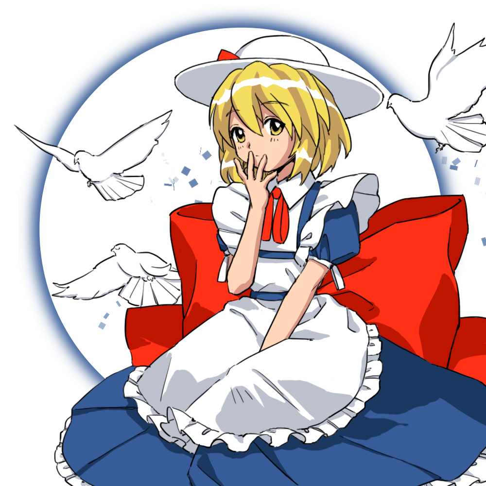 1girl animal apron between_legs bird blonde_hair blue_dress bow circle closed_mouth dove dress frilled_apron frills hand_between_legs hand_to_own_mouth hand_up hat huge_bow kaigen_1025 kana_anaberal looking_at_viewer maid_apron neck_ribbon puffy_short_sleeves puffy_sleeves red_bow red_ribbon ribbon short_hair short_sleeves sitting solo touhou touhou_(pc-98) white_apron white_background white_bird white_headwear yellow_eyes