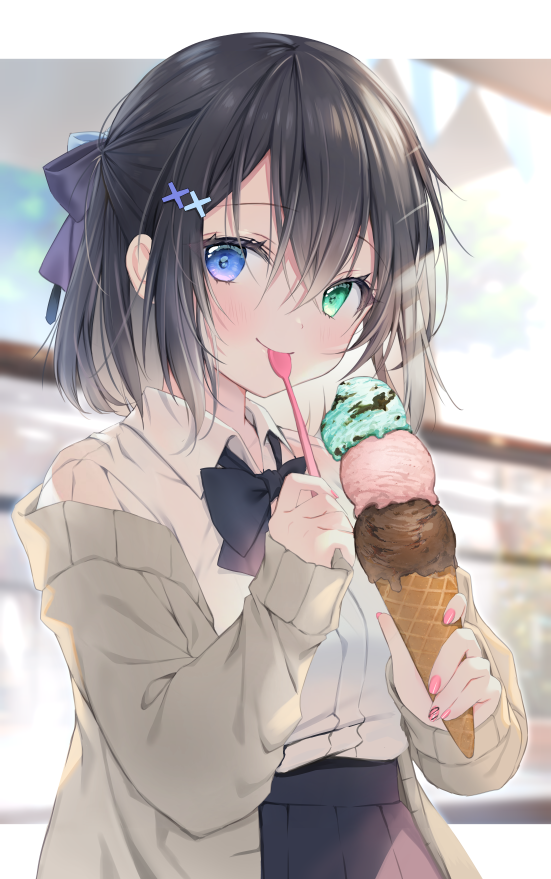 1girl black_bow black_bowtie black_hair black_ribbon black_skirt blue_eyes bow bowtie cardigan closed_mouth commentary_request food green_eyes hair_ornament hair_ribbon heterochromia holding holding_food holding_ice_cream holding_spoon ice_cream ice_cream_cone ice_cream_spoon looking_at_viewer nail_polish open_cardigan open_clothes original pink_nails pleated_skirt ribbon shirt short_hair skirt sleeves_past_wrists smile solo spoon standing triple_scoop utensil_in_mouth white_shirt x_hair_ornament yoruhoshi_owl