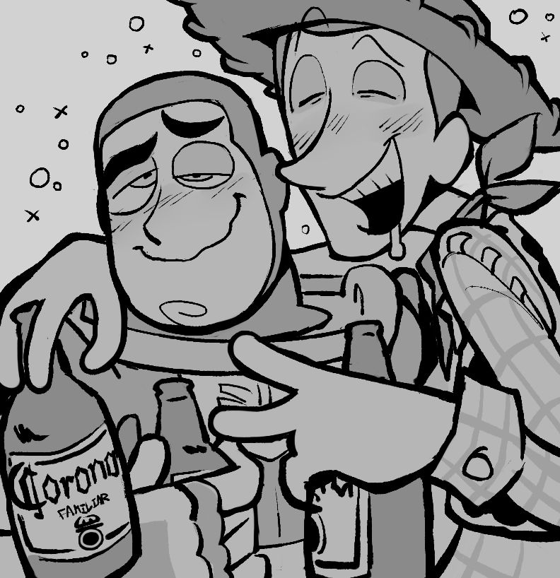 2boys alcohol astronaut beer blush bottle buzz_lightyear corona_(brand) cowboy cowboy_hat draculoid drooling drunk hat holding holding_bottle monochrome multiple_boys sheriff_woody spacesuit toy_story