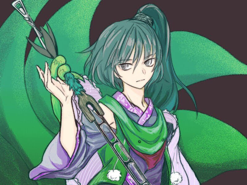 1other adagumo_no_yaorochi androgynous artist_request bare_shoulders black_hair black_kimono brown_background cape closed_mouth coat detached_sleeves floral_print frilled_cape frown green_coat green_scarf grey_eyes hand_up holding holding_sword holding_weapon holding_with_tail japanese_clothes kimono len'en long_hair long_sleeves looking_at_viewer multiple_tails open_clothes open_coat pom_pom_(clothes) prehensile_tail protected_link purple_cape purple_trim red_scarf scarf second-party_source side_ponytail sleeveless_coat snake_tail sword sword_of_kusanagi tail tasouken upper_body weapon wide_sleeves