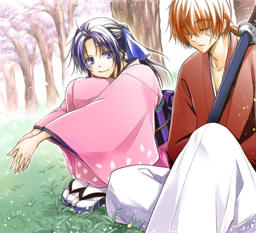 1boy 1girl blue_eyes blue_hair blue_ribbon cherry_blossoms cherry_tree closed_eyes closed_mouth collarbone commentary_request cross_scar day grass hair_ribbon hakama hakama_pants high_ponytail himura_kenshin interlocked_fingers japanese_clothes kamiya_kaoru katana kimono kimu_(risatoko) knee_up knees_up long_hair looking_at_another low_ponytail obi outdoors outstretched_arms over_shoulder own_hands_together pants parted_lips petal_print pink_kimono print_kimono red_kimono redhead ribbon rurouni_kenshin sandals sash scar scar_on_cheek scar_on_face sitting sleeping smile socks sword tabi weapon white_hakama white_socks wide_sleeves