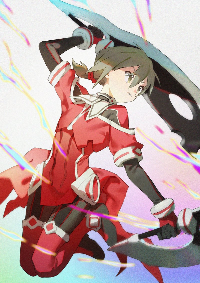 1girl arm_up axe battle_axe black_gloves brown_eyes brown_hair chinese_commentary collar commentary_request dress dual_wielding full_body gloves hair_between_eyes holding holding_axe holding_weapon huge_weapon jacket jumping legs_up low_ponytail magical_girl minowa_gin parted_lips red_dress red_jacket short_hair solo soramame_(corndog) washio_sumi_wa_yuusha_de_aru weapon white_collar yuusha_de_aru
