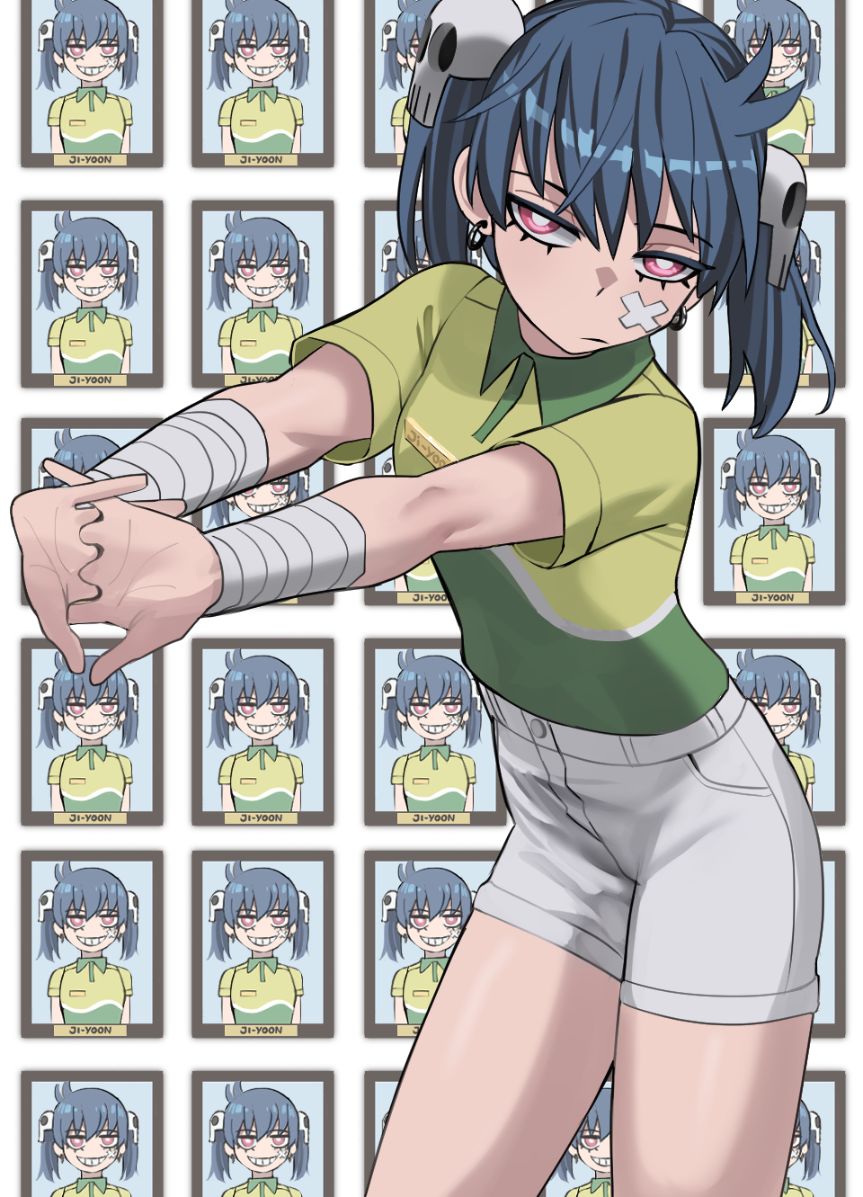 1girl bandaged_arm bandages blue_hair character_name closed_mouth collared_shirt green_shirt hair_between_eyes hair_ornament highres interlocked_fingers ji-yoon_(jourd4n) jourd4n looking_at_viewer original outstretched_arms red_eyes shirt short_shorts short_sleeves shorts skull_hair_ornament solo twintails white_shorts