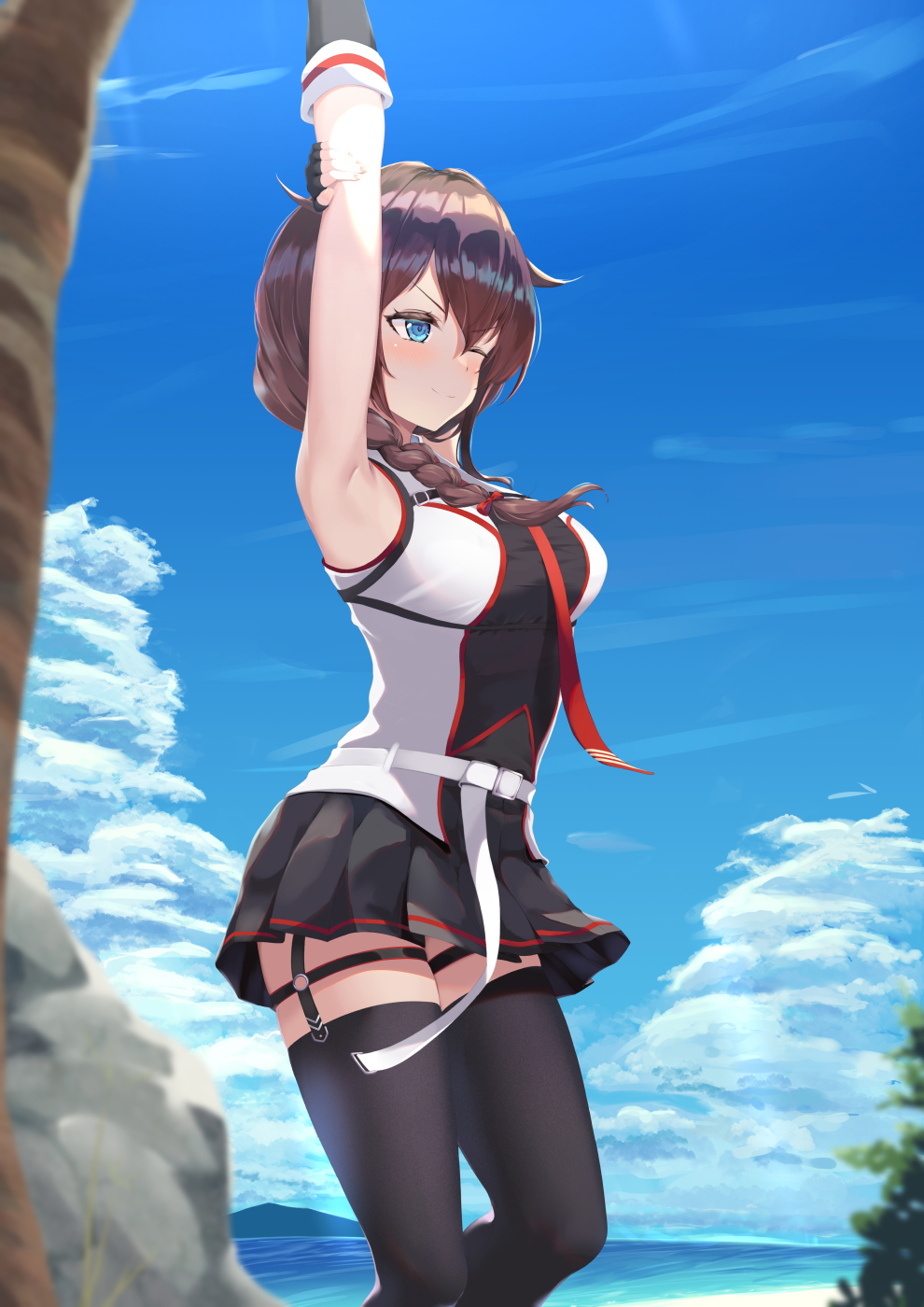 1girl armpits arms_up beach belt black_gloves black_skirt black_thighhighs blue_eyes blue_sky blush braid breasts brown_hair chest_harness clouds commentary_request day fingerless_gloves garter_straps gloves hair_flaps hair_over_shoulder harness highres horizon kantai_collection long_hair necktie ocean ochikata_kage one_eye_closed outdoors palm_tree pleated_skirt red_necktie rock sand shigure_(kancolle) shigure_kai_san_(kancolle) shirt single_braid skirt sky sleeveless sleeveless_shirt smile solo stretching thigh-highs tree two-tone_shirt water white_belt zettai_ryouiki