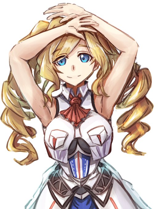 1girl arms_up ascot blonde_hair blue_eyes breast_pocket breasts drill_hair honolulu_(kancolle) kantai_collection large_breasts long_hair looking_at_viewer pocket red_ascot simple_background sleeveless sleeveless_jacket smile solo tonke twin_drills twintails white_background