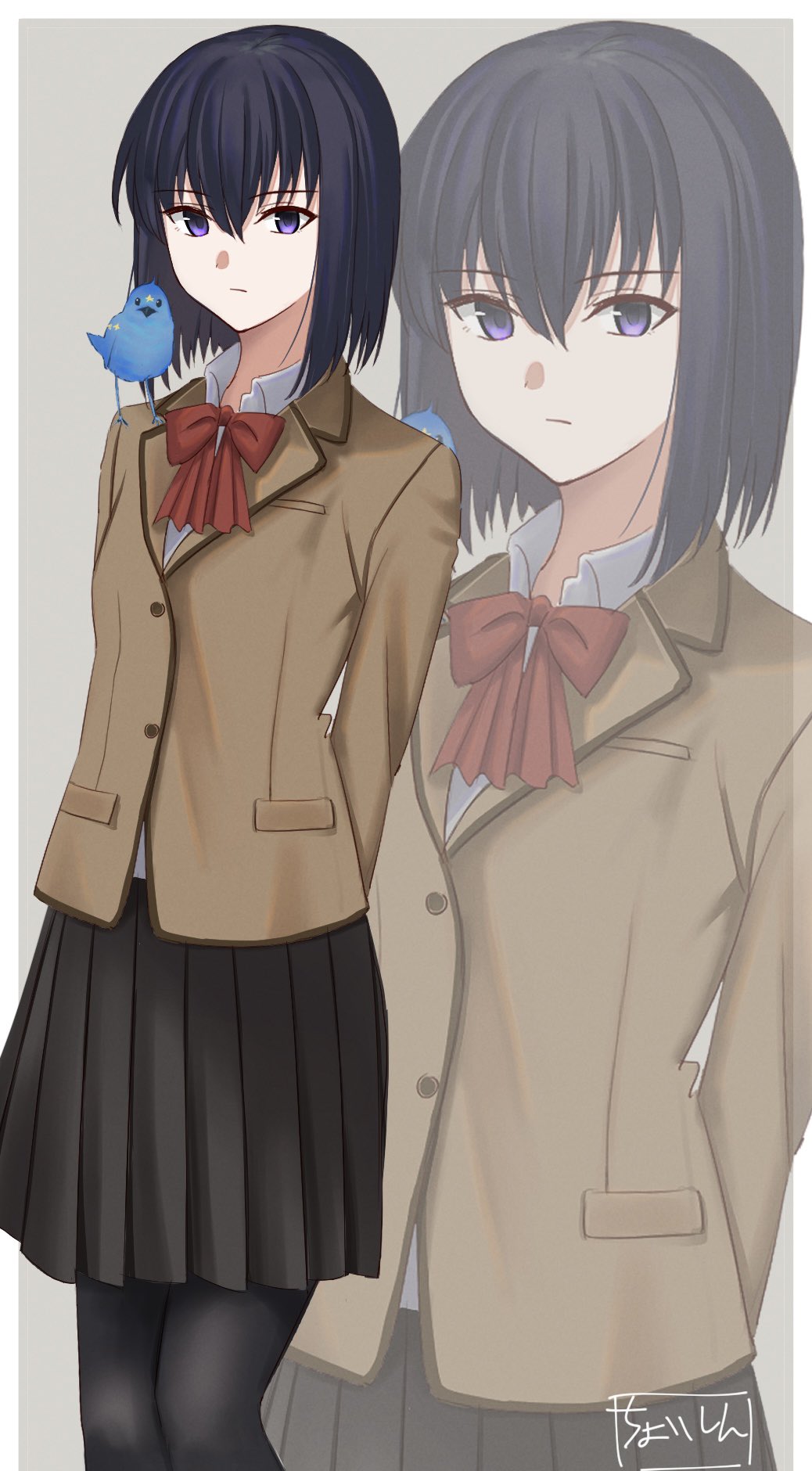 1girl alternate_costume animal animal_on_shoulder arms_behind_back bird black_hair black_pantyhose black_skirt blazer bow bowtie brown_jacket buttons collared_shirt commentary_request expressionless hair_between_eyes highres jacket kuonji_alice long_sleeves lost_robin_rondo mahou_tsukai_no_yoru pantyhose pleated_skirt pocket red_bow red_bowtie school_uniform shintyoi2 shirt short_hair skirt uniform violet_eyes white_shirt