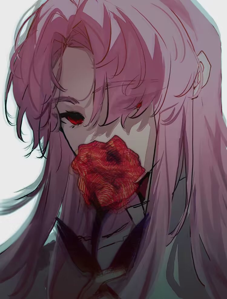 1boy eyes_visible_through_hair flower flower_over_mouth hatsutori_hajime holding holding_flower long_hair male_focus parted_lips pink_hair red_eyes red_flower red_rose rose saibou_shinkyoku shirt simple_background solo songlajihuijia white_background white_shirt