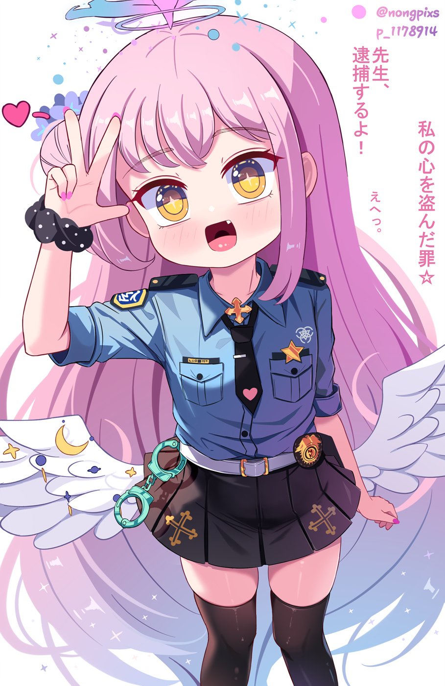 1girl :d aged_down alternate_costume angel_wings belt black_necktie black_skirt black_thighhighs blue_archive blunt_bangs collared_shirt commentary cuffs feathered_wings flower gradient_hair hair_bun hair_flower hair_ornament halo handcuffs heart highres long_hair long_sleeves looking_at_viewer mika_(blue_archive) multicolored_hair necktie pink_hair pleated_skirt police police_badge police_uniform policewoman scrunchie shirt sidelocks simple_background single_side_bun skirt sleeves_rolled_up smile solo sseopik thigh-highs tie_clip translated two-tone_hair uniform v white_background white_wings wings wrist_scrunchie yellow_eyes zettai_ryouiki
