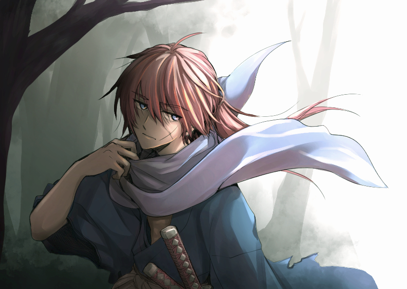 1boy bare_tree blue_eyes blue_kimono blue_scarf closed_mouth commentary_request cross_scar hair_between_eyes hand_up high_ponytail himura_kenshin japanese_clothes katana kimono kimu_(risatoko) long_hair looking_to_the_side male_focus outdoors redhead rurouni_kenshin samurai scar scar_on_cheek scar_on_face scarf sheath sheathed solo sword torn_clothes torn_kimono tree upper_body weapon wide_sleeves