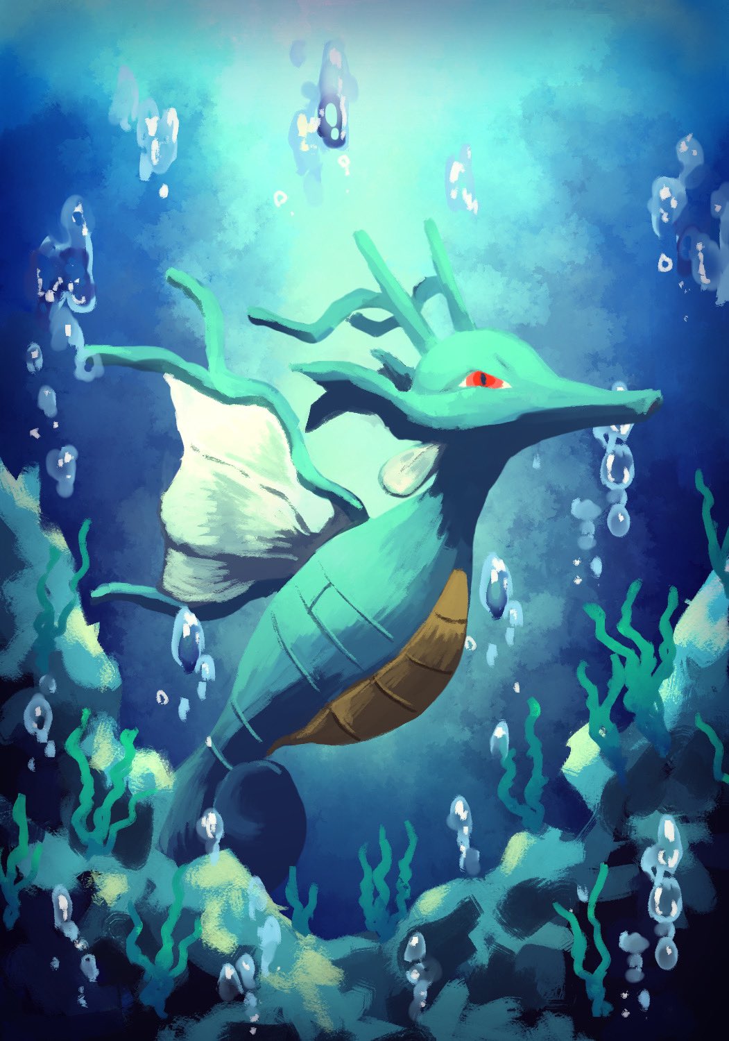 7_phi_3 air_bubble bubble full_body highres kingdra looking_at_viewer no_humans pokemon pokemon_(creature) rock seaweed solo underwater