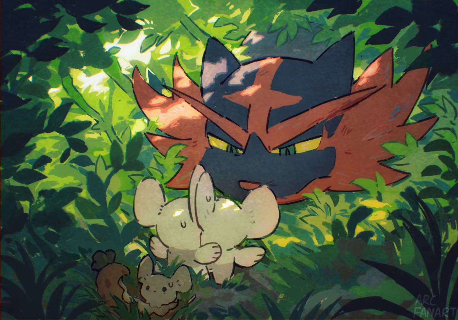 arc_draws bitten colored_sclera commentary_request day food fruit grass green_eyes incineroar looking_down maushold outdoors pokemon pokemon_(creature) shadow size_difference sweat yellow_sclera