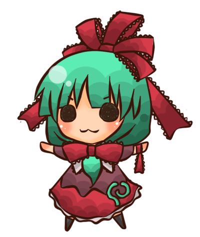 blush bow chibi dress frills front_ponytail green_hair hair_ribbon hazuki_(198664) kagiyama_hina lowres outstretched_arms ribbon spread_arms touhou