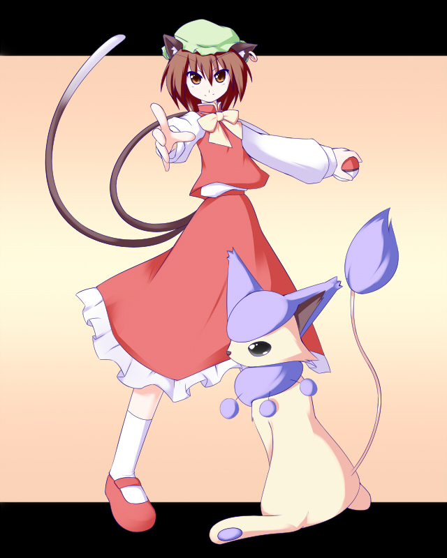 1girl brown_eyes brown_hair cat_ears cat_tail chen crossover delcatty earrings hat holding holding_poke_ball jewelry mary_janes miyo_(miyomiyo01) multiple_tails poke_ball pokemon pokemon_(creature) shoes single_earring tail touhou