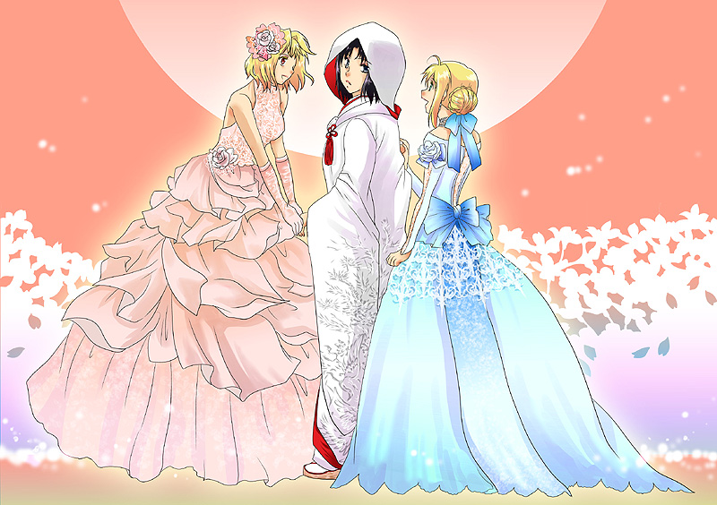 arcueid_brunestud blonde_hair bride brown_hair crossover dress fate/stay_night fate_(series) gown green_eyes japanese_clothes kara_no_kyoukai kimono multiple_girls red_eyes ryougi_shiki saber short_hair tsukihime uchikake wedding_dress yonomori_mayu