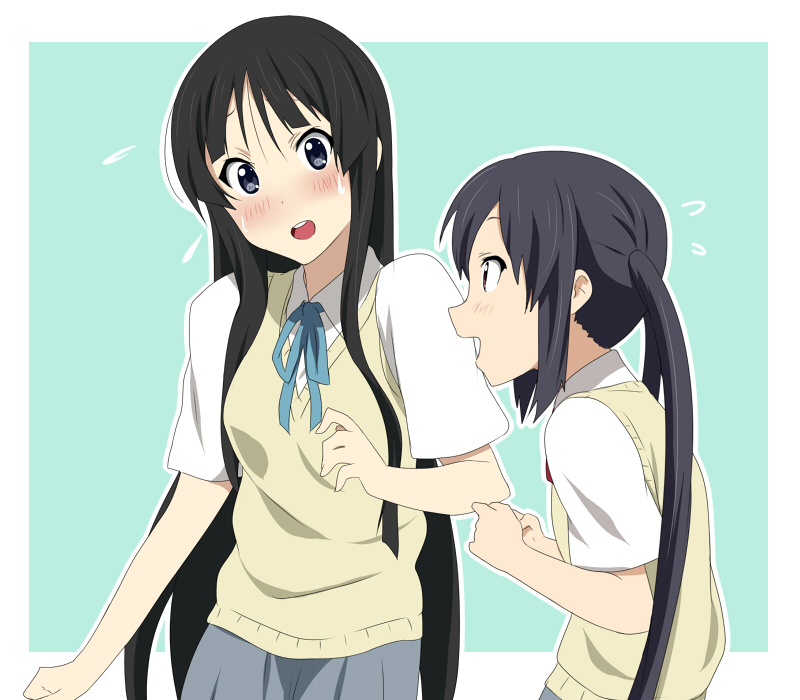 black_eyes black_hair face ikari_manatsu k-on! long_hair nakano_azusa school_uniform sweater_vest twintails