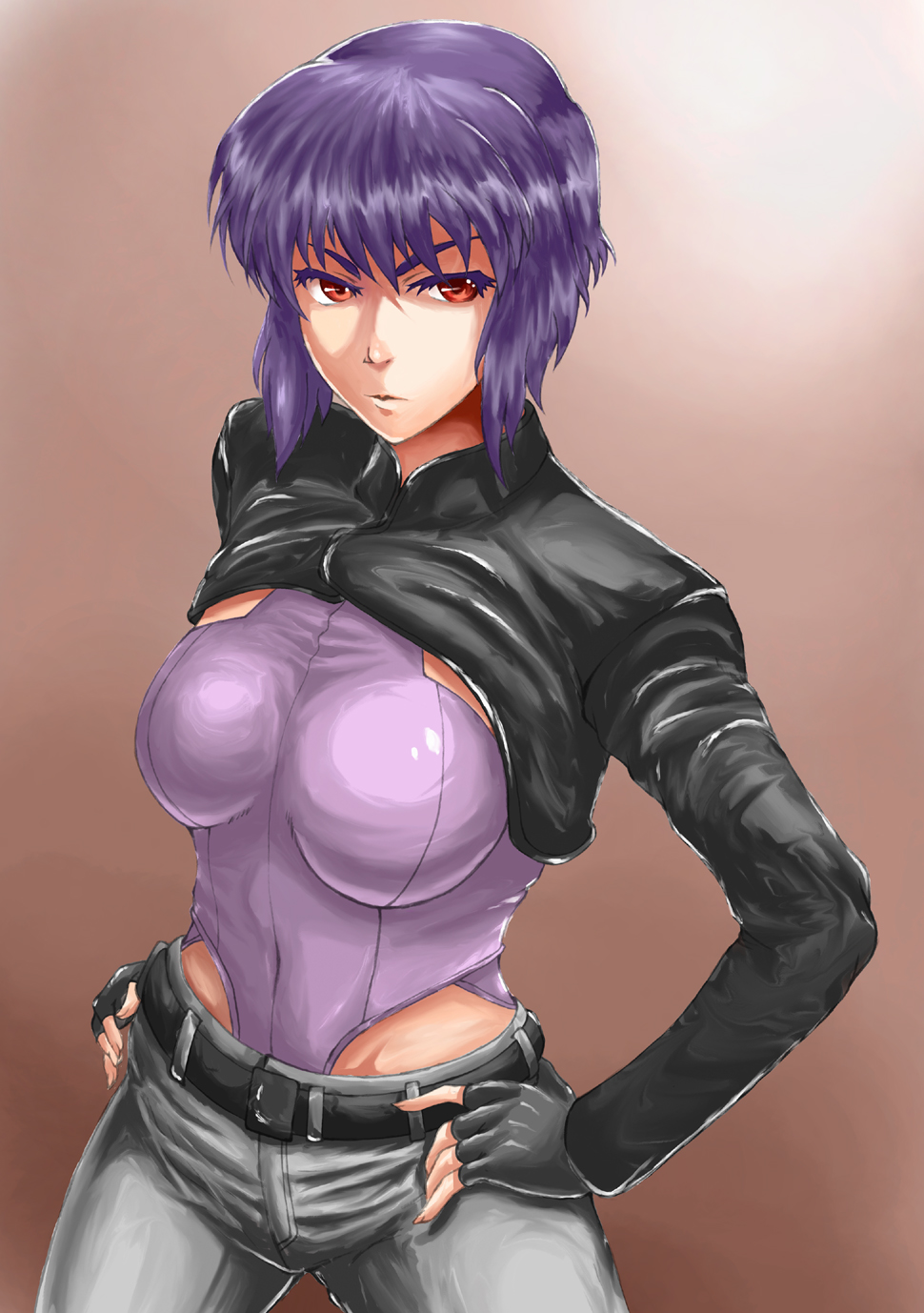 age-zero breasts fingerless_gloves ghost_in_the_shell ghost_in_the_shell_stand_alone_complex gloves hands_on_hips highres jacket kusanagi_motoko leotard purple_hair red_eyes short_hair solo sunaipu_(age-zero)