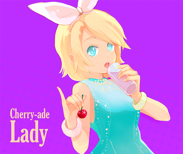 blonde_hair cherry food fruit glass hair_ribbon holding holding_fruit kagamine_rin pinky_out ribbon riri_(artist) short_hair solo vocaloid