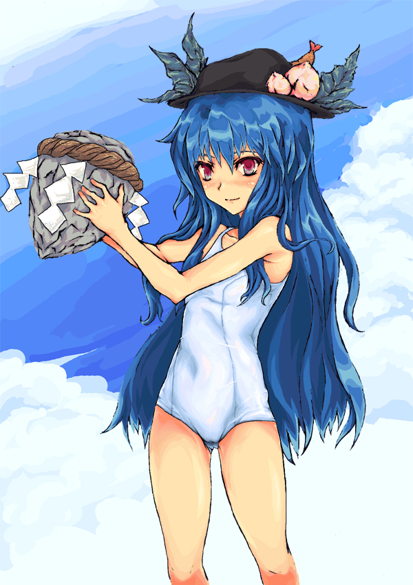 carrying clothed_navel cloud clouds food fruit hat hinanawi_tenshi keystone leaf long_hair navel one-piece_swimsuit peach red_eyes rock school_swimsuit shide shimenawa siu sky smile solo swimsuit touhou white_school_swimsuit