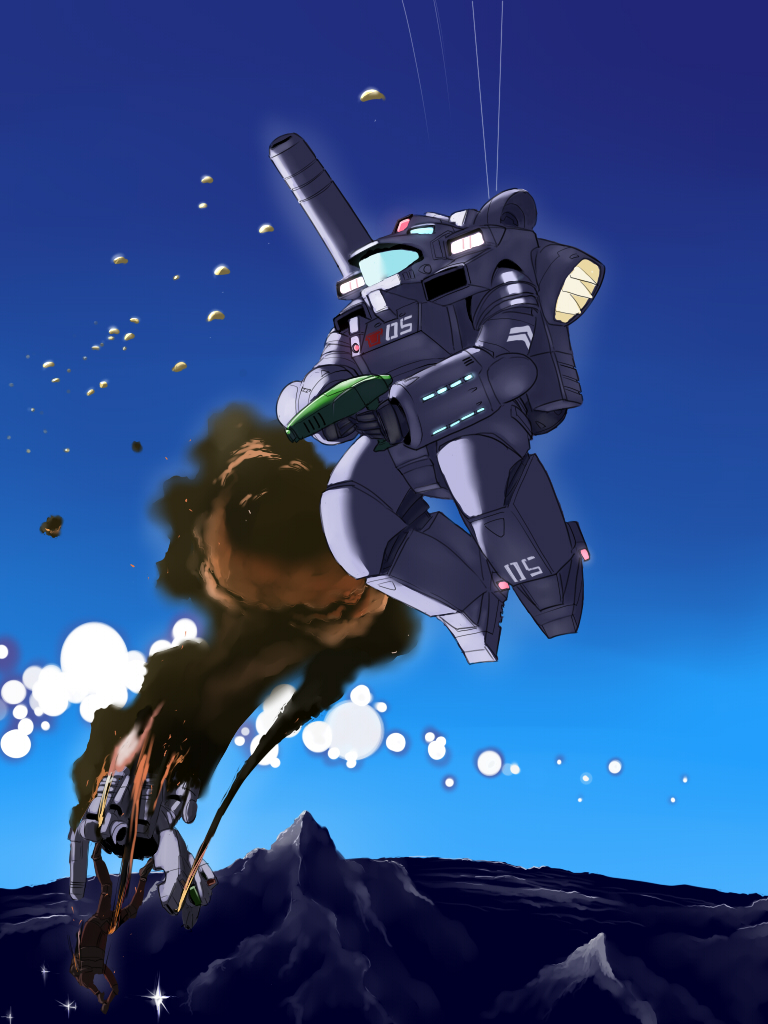 explosion flying inui_(pixiv) mecha mobile_infantry power_armor sky smoke starship_troopers uchuu_no_senshi weapon