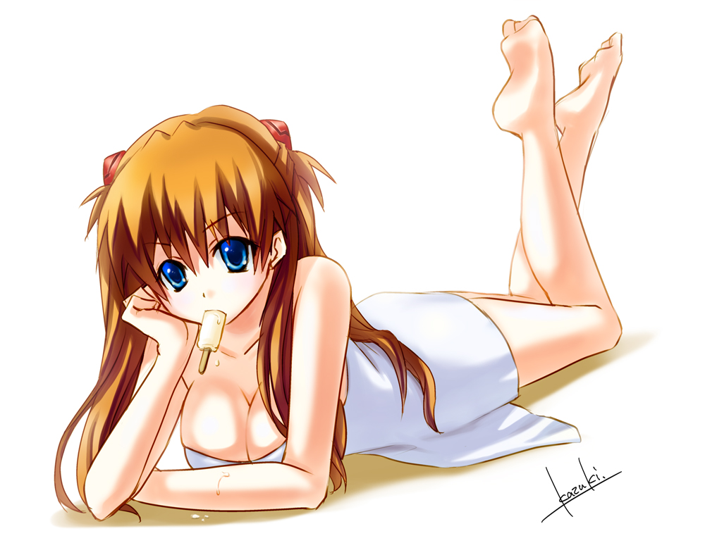 blue_eyes breasts chin_rest cleavage dress dripping feet icicle katsuki_ichiru legs_up long_hair lying mouth_hold neon_genesis_evangelion on_stomach orange_hair popsicle shadow shikinami_asuka_langley signature simple_background solo souryuu_asuka_langley white_dress