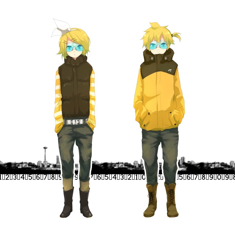 boots bow brother_and_sister coat glasses hands_in_pockets kagamine_len kagamine_rin male pants siblings standing tomsan twins vocaloid