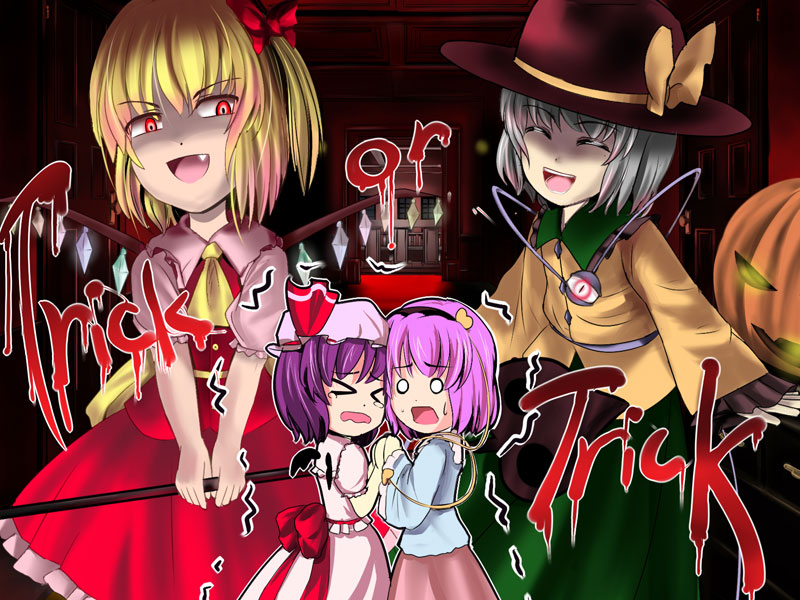 &gt;:) &gt;:d &gt;_&lt; ^_^ aw bad_id bat_wings blonde_hair bow chibi closed_eyes fang flandre_scarlet halloween hat heart jack-o'-lantern komeiji_koishi komeiji_satori laevatein no_hat no_headwear o_o open_mouth pumpkin purple_hair red_eyes remilia_scarlet scared short_hair siblings side_ponytail silver_hair sisters smile teardrop third_eye touhou trembling wavy_mouth wings you_gonna_get_raped