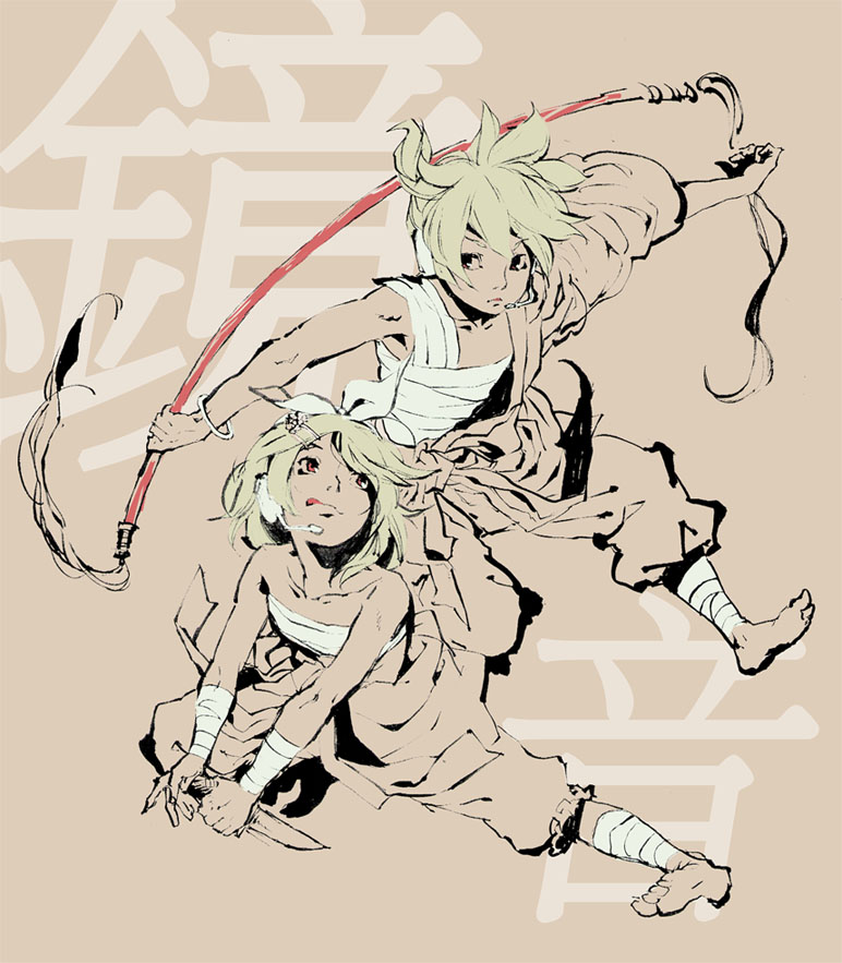 1girl action barefoot beige blonde_hair bow brother_and_sister brown couple dynamic feet gekokujou_(vocaloid) headset kagamine_len kagamine_rin knife monochrome red_eyes sarashi siblings spot_color tongue traditional_media twins vocaloid wafuu_kimuchi weapon