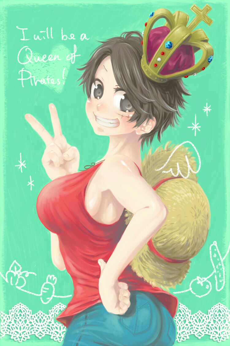 black_hair breasts crown denim genderswap hand_on_hip hat heart large_breasts looking_back luffyko monkey_d_luffy one_piece scar scrawl shorts sideboob smile solo straw_hat tank_top urogi_aya v vegetable