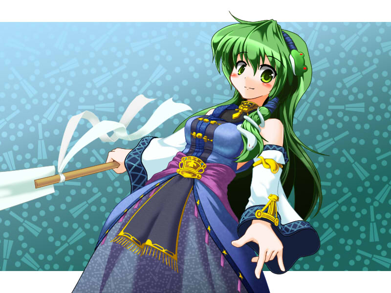 bad_id blue_mage detached_sleeves final_fantasy final_fantasy_xi frog green_eyes green_hair hair_ornament kochiya_sanae long_hair snake solo tama_home the_iron_of_yin_and_yang tm_(shiuiti) touhou