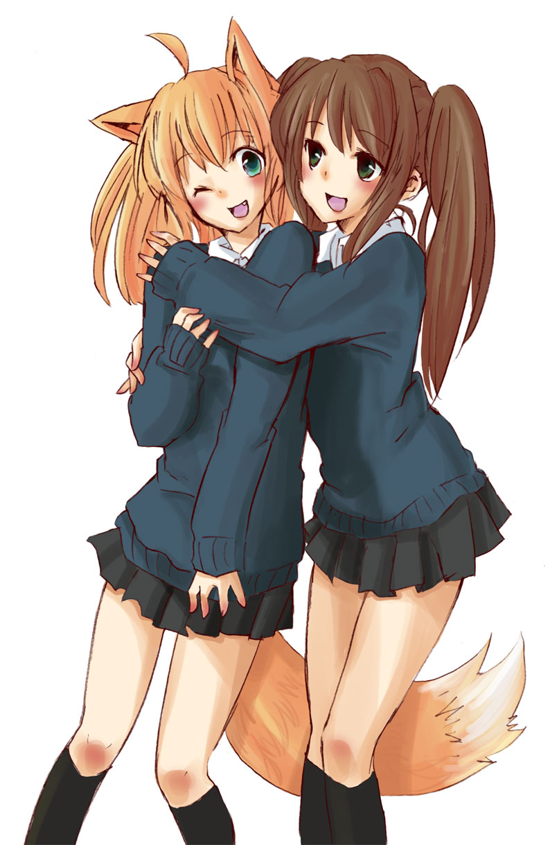 :d ahoge animal_ears brown_hair fang fox_ears fox_tail fuwayu green_eyes highres hug kneehighs legs long_hair long_sleeves multiple_girls open_mouth orange_hair original school_uniform simple_background skirt smile socks sweater tail twintails wink