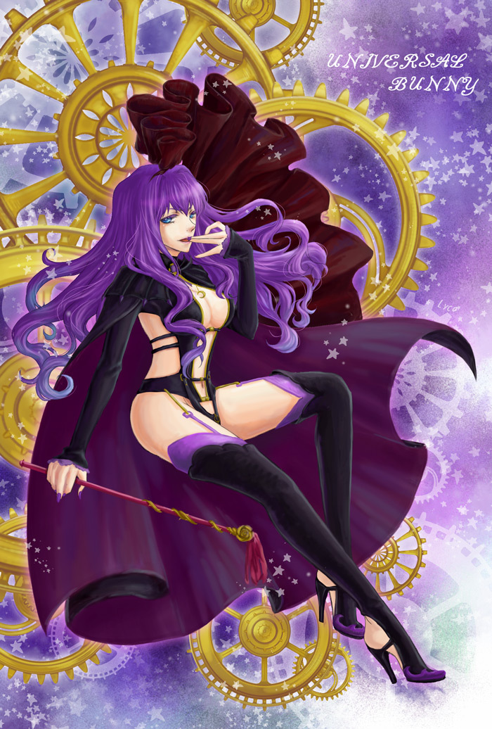 boots breasts cleavage high_heels long_hair macross macross_frontier macross_frontier:_itsuwari_no_utahime macross_frontier:_the_false_diva ohana purple_hair sheryl_nome shoes thigh-highs thigh_boots thighhighs