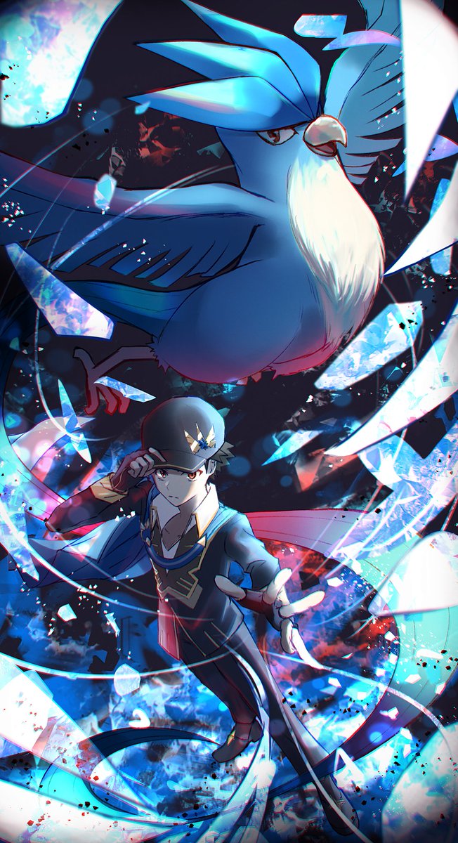 1boy articuno black_jacket closed_mouth collared_shirt commentary_request fingerless_gloves frown gloves hand_on_headwear hat highres jacket long_sleeves male_focus official_alternate_costume pants pokemon pokemon_(creature) pokemon_(game) pokemon_masters_ex red_(champion)_(pokemon) shirt shoes short_hair ssn_(sasa8u9r) standing white_shirt