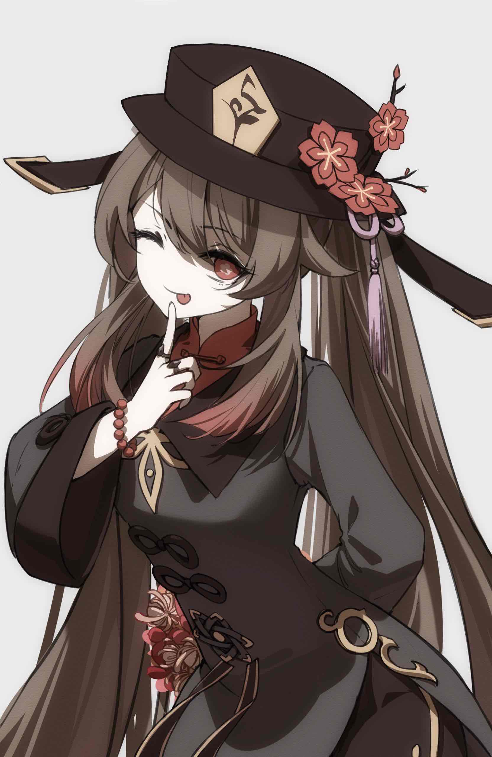 1girl ;p absurdres arm_behind_back bead_bracelet beads black_shorts bracelet brown_hair coat finger_to_mouth flower flower-shaped_pupils genshin_impact grey_background grey_coat hat hat_flower hat_tassel highres holding holding_behind_back hu_tao_(genshin_impact) index_finger_raised jewelry long_hair long_sleeves looking_at_viewer morh no_nose one_eye_closed orange_eyes red_flower shorts simple_background solo symbol-shaped_pupils tongue tongue_out twintails upper_body white_background