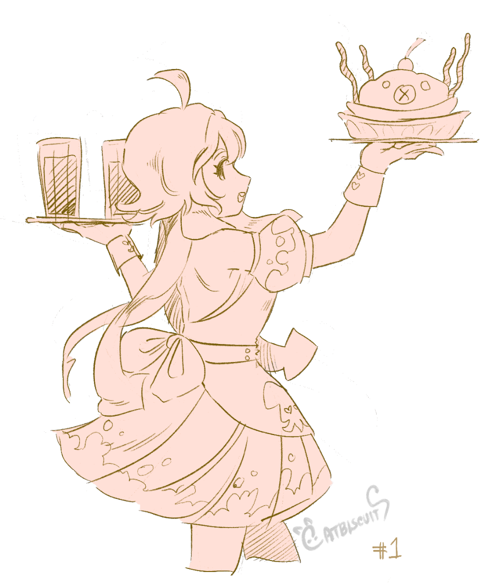 1girl apron back_bow backless_outfit bow catherine_suh commission commissioner_upload facing_to_the_side food from_side holding holding_food looking_at_viewer maid maid_apron monochrome original signature solo tentacle_hair tray