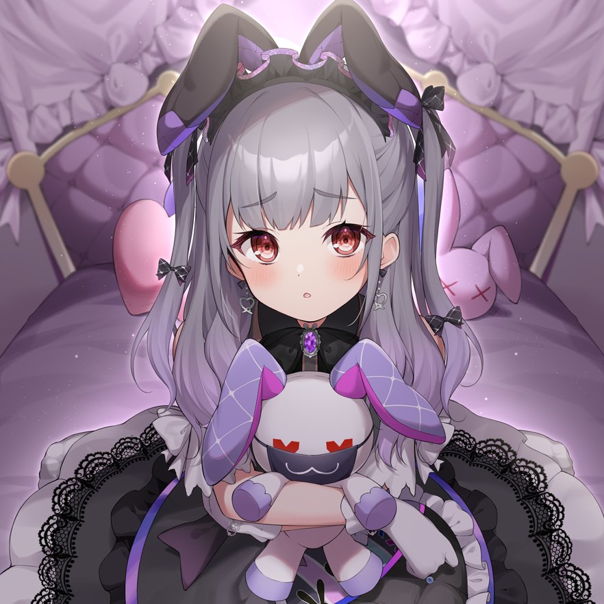 1girl animal_ears bed black_dress blush canopy_bed commentary_request connectopia doll_hug dress earrings embarrassed fake_animal_ears frilled_dress frills gloves gothic_lolita grey_hair hoop_earrings jewelry lolita_fashion long_hair looking_at_viewer maid maid_headdress object_hug on_bed open_mouth purple_brooch rabbit_ears red_eyes solo stuffed_animal stuffed_rabbit stuffed_toy two_side_up uraniwa_umeru virtual_youtuber white_gloves zky_(oekaky)